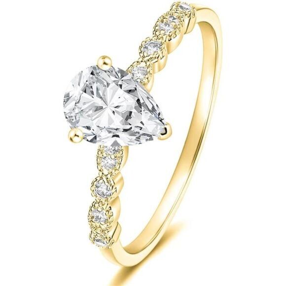 Gold Cubic Zirconia Ring 1.5CT Diamond Teardrop Engagement Ring Pear Shape Size6 - Picture 5 of 8